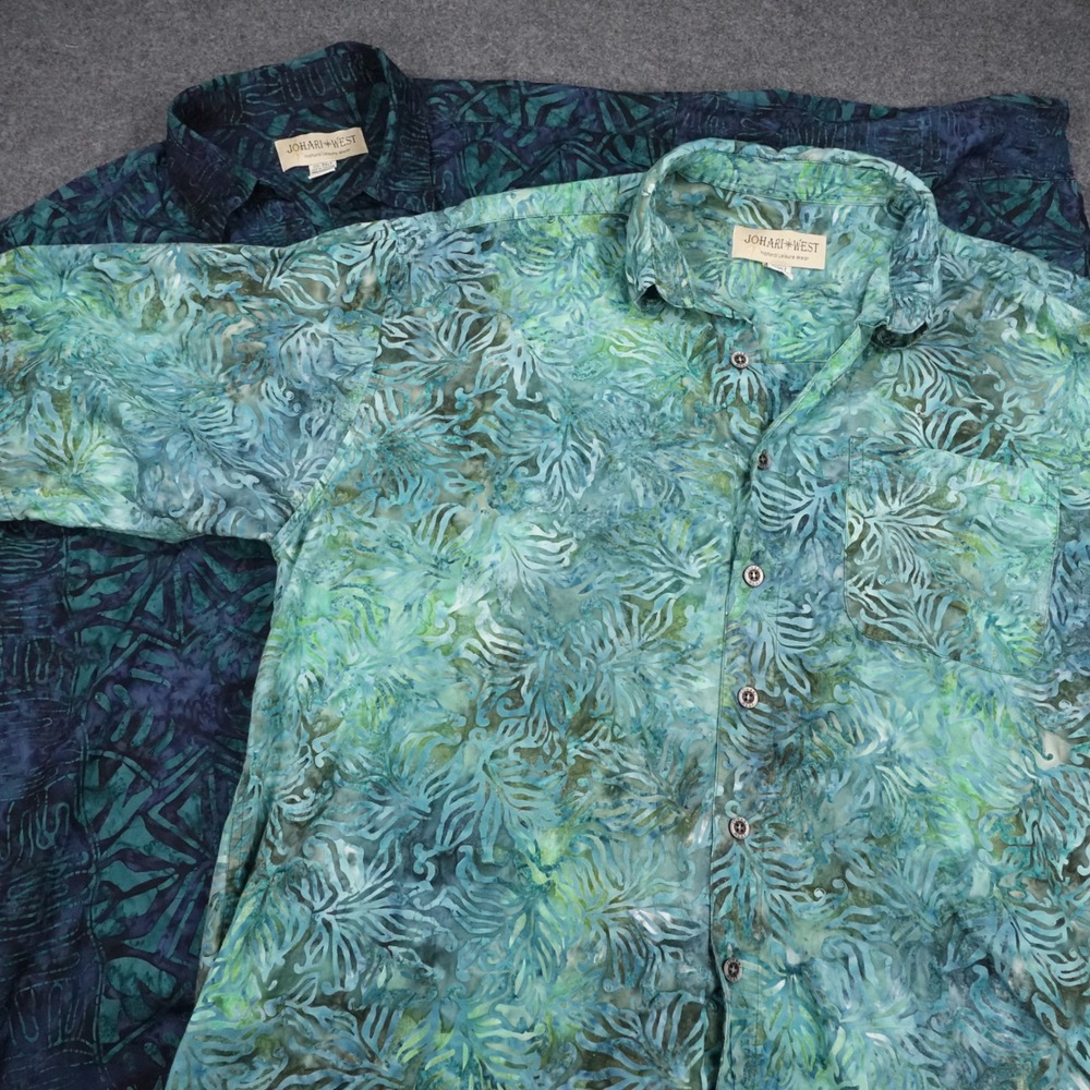 Johari West Mens Batik Button Down Shirt 3XLT Blue Green Cotton Tropical 2303
